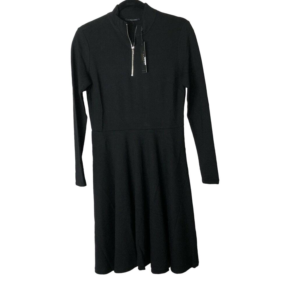 T Tahari Mock Neck Zip Fit & Flare Ponte Dress Black Sz 4 NWT.